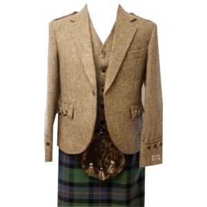 Khaki Tweed Wool Wedding Kilt Jacket & Vest For Men